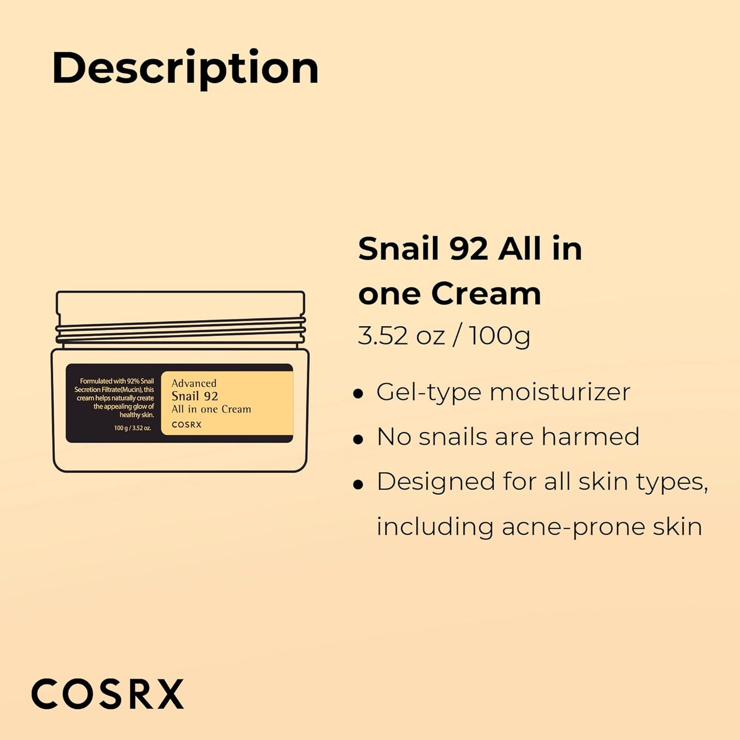 COSRX Snail Mucin 92% Repair Cream 3.52 Fl. Oz.